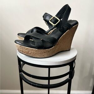 UGG Black Leather Wedge Sandals